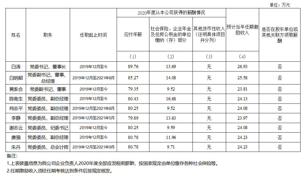 广东省广新控股集团有限公司企业负责人2020年度薪酬情况